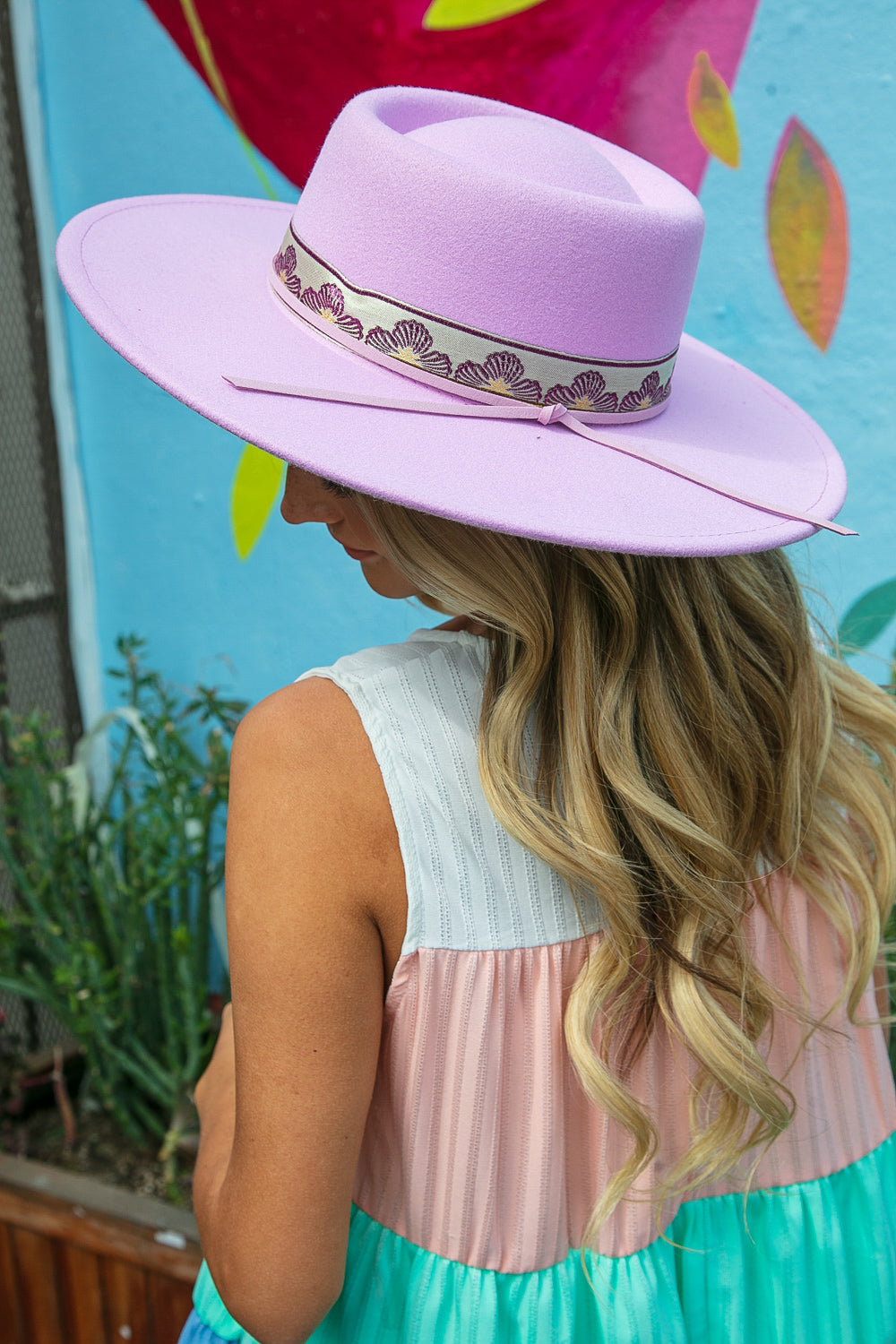 Vacay Vibes Pink Ribbon Leather Tie Hard Rim Hat
