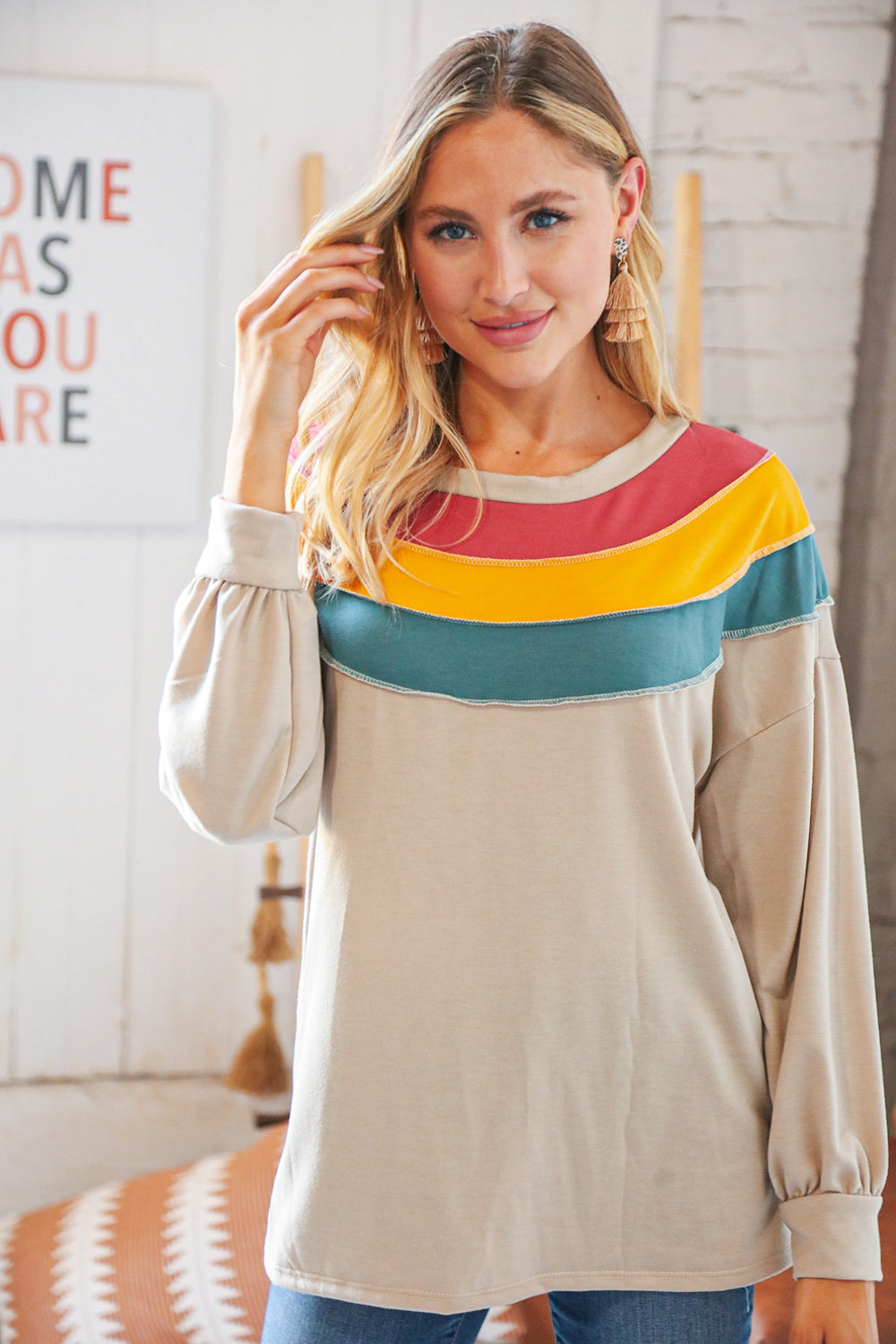 Taupe Terry Rib Color Block Out Seam Detail Pullover