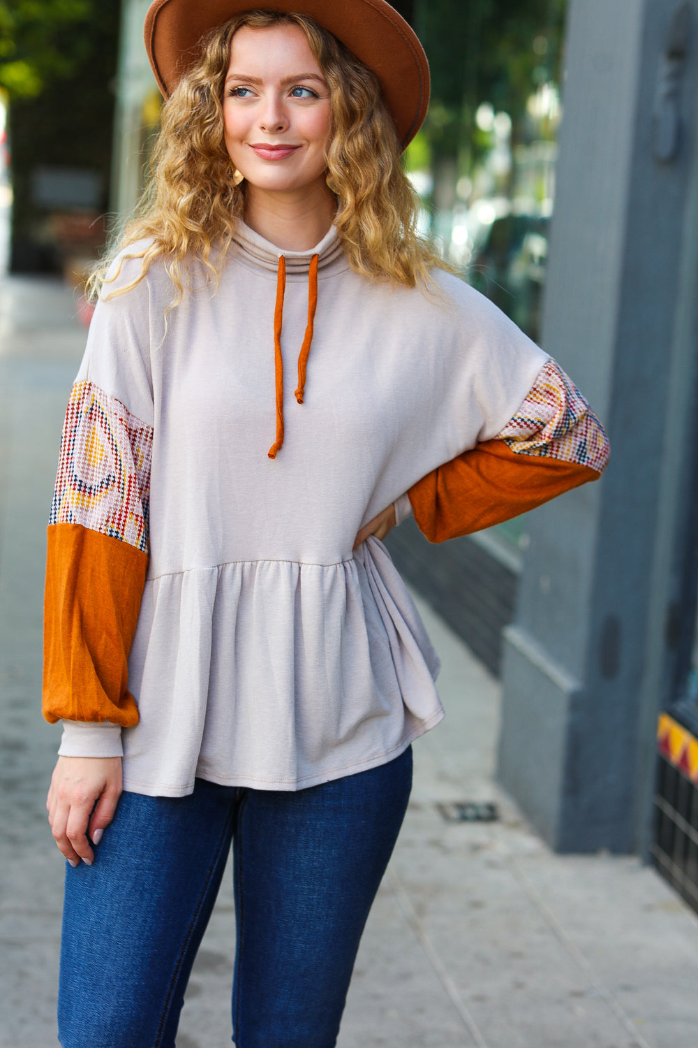 Easy Days Ahead Taupe/Rust Turtleneck Babydoll Terry Top