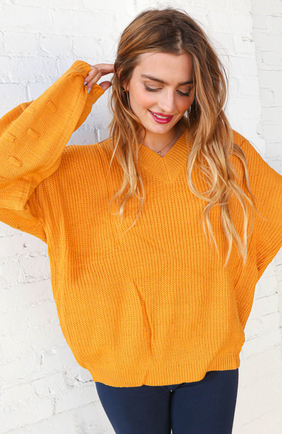 Mustard V Neck Chunky Textured Bubble Sleeve Sweater