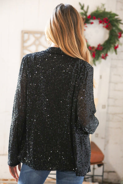 Black Sequin Lapel Collar Pocketed Holiday Jacket