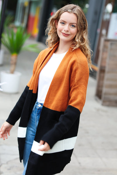 Layer Me Up Rust & Black Color Block Knit Open Cardigan