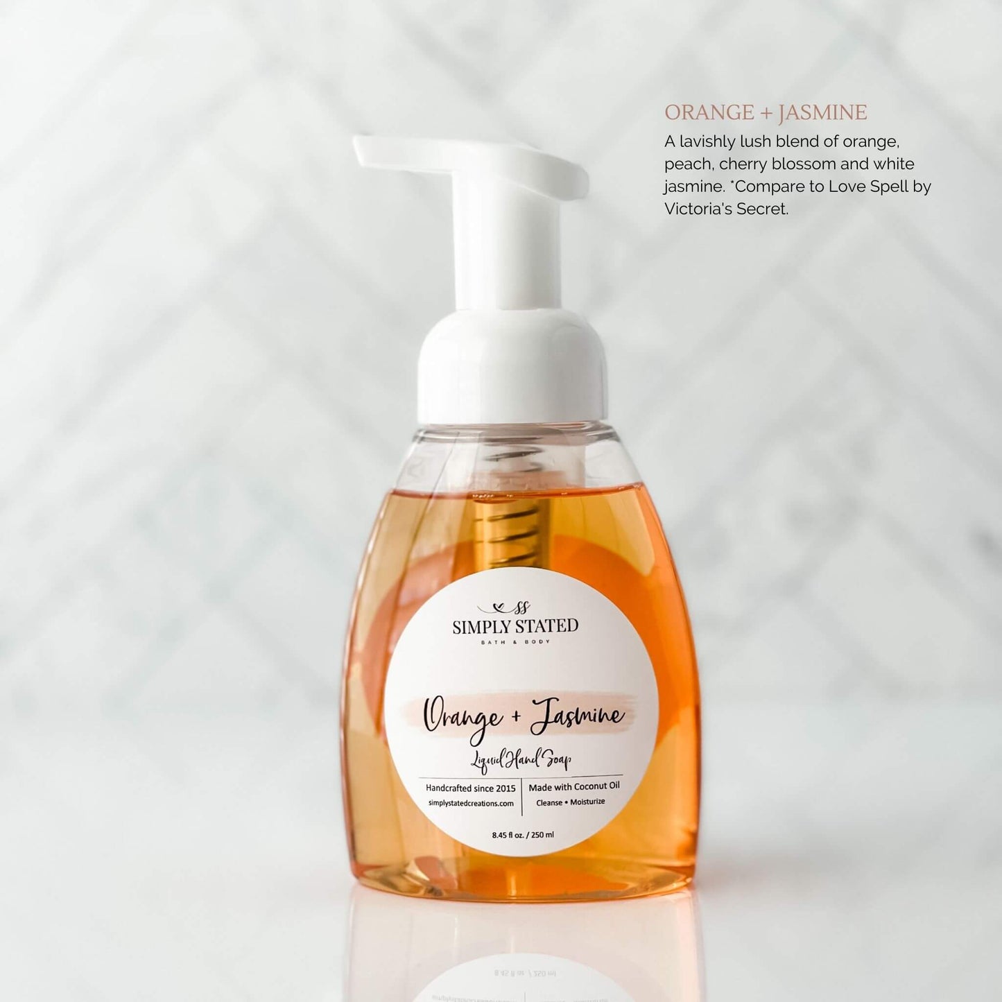 Nourishing Spring Foaming Hand Soap in Orange + Jasmine. A lavishly lush blend of orange, peach, cherry blossom and white jasmine. *Compare to Love Spell by VS.